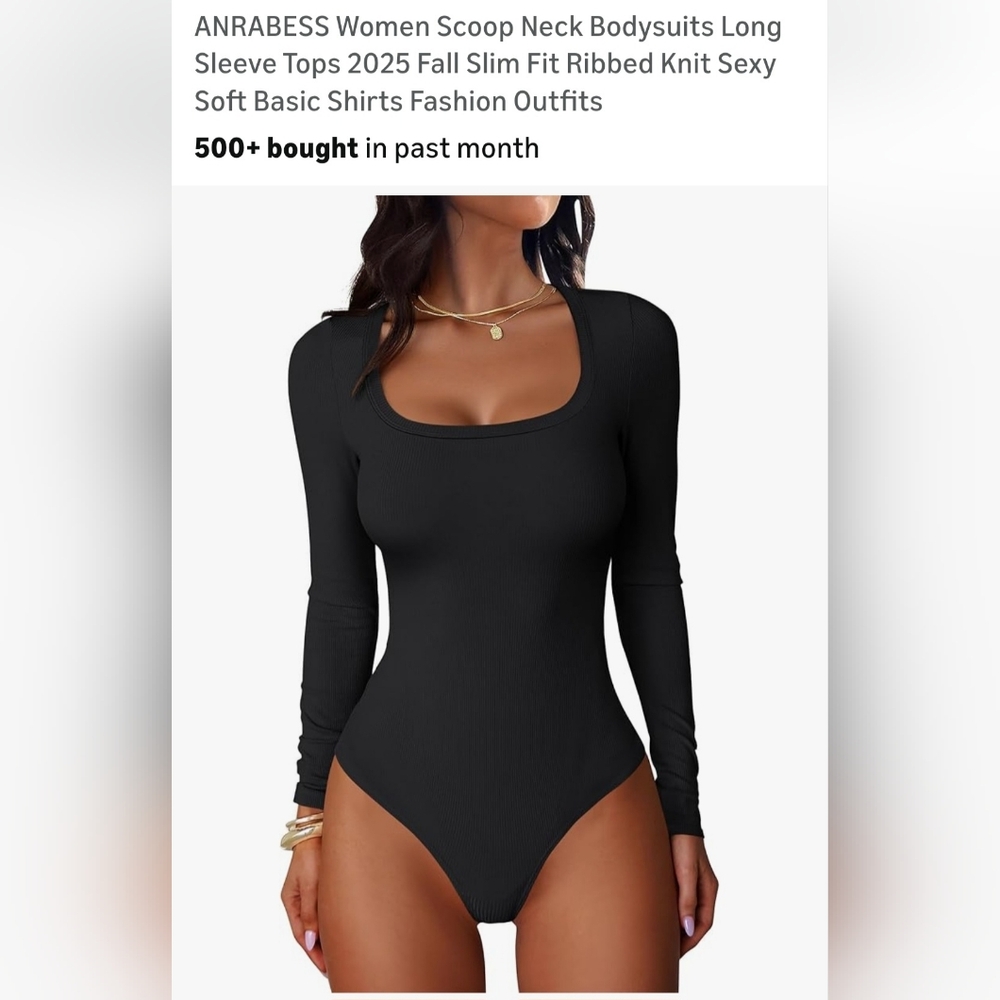Women's Scoop Neck Long Sleeve Ribbed Bodysuit - Black. W-62